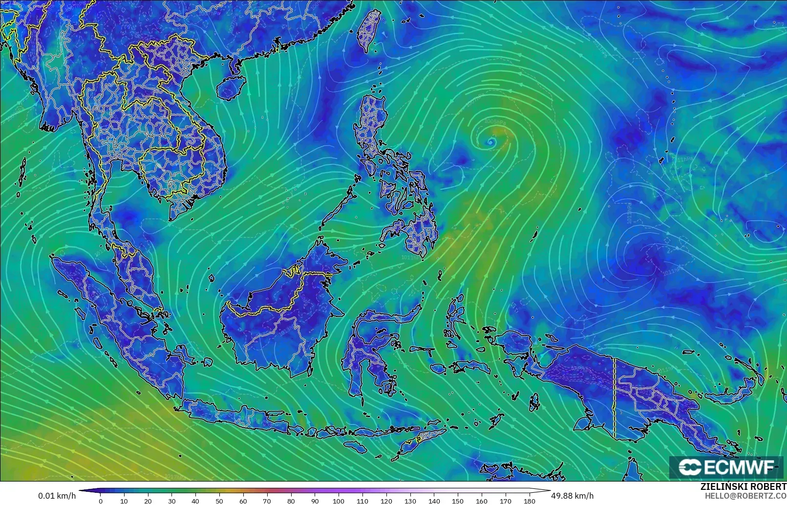 ECMWF IFS 0.25° modelo - Sudeste Asiático, Viento a 10 m