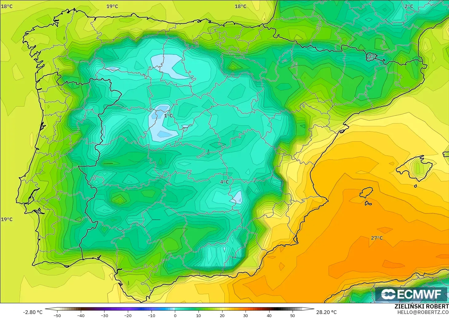 ECMWF IFS 0.25° modelo - España, Punto de rocío a 2 m