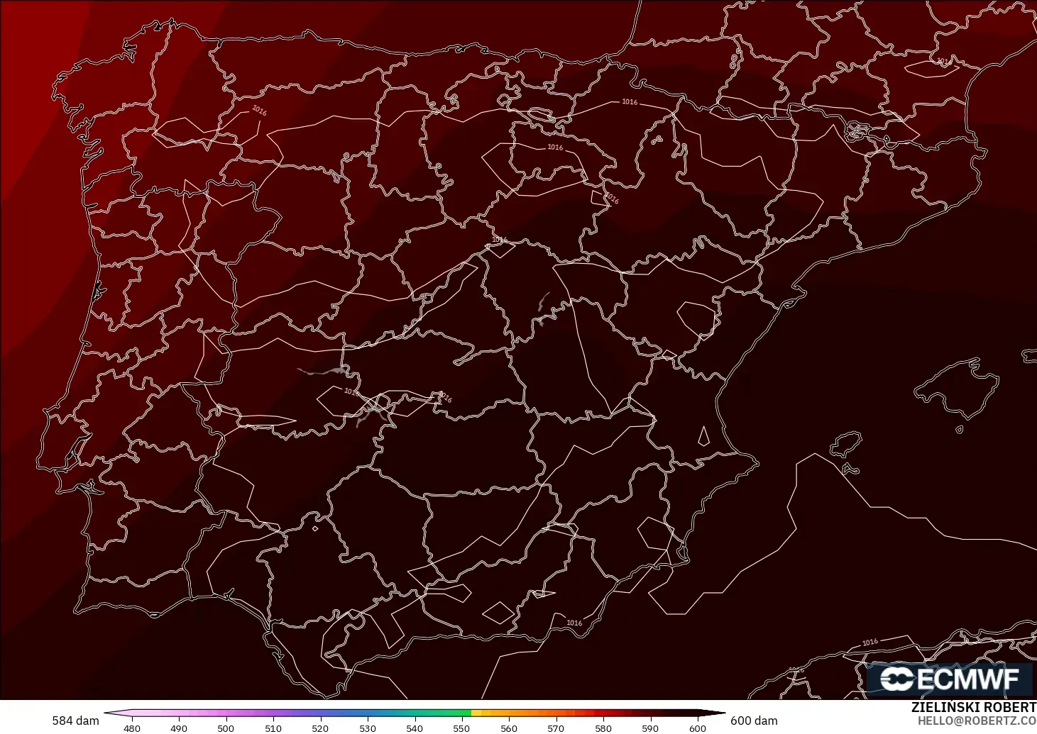 ECMWF IFS 0.25° modelo - España, Altura geopotencial a 500 hPa