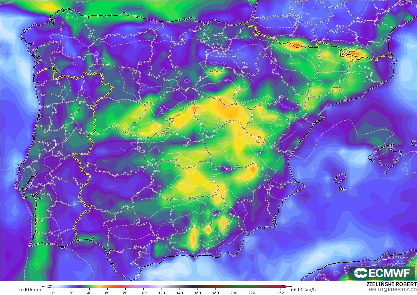 ECMWF IFS 0.25° modelo - España, Ráfagas de Viento Máximas
