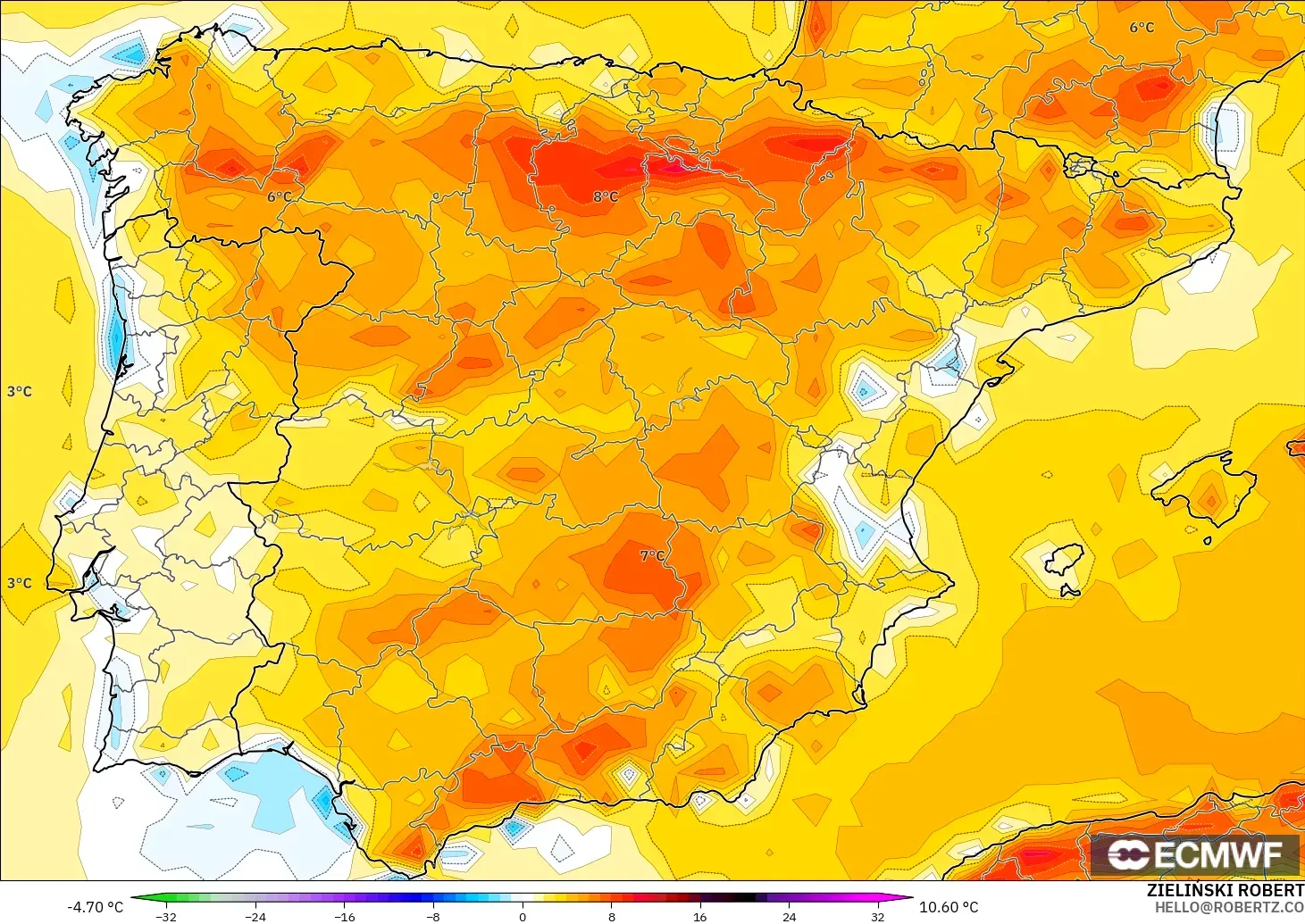 ECMWF IFS 0.25° modelo - España, Anomalía de temperatura a 2 m