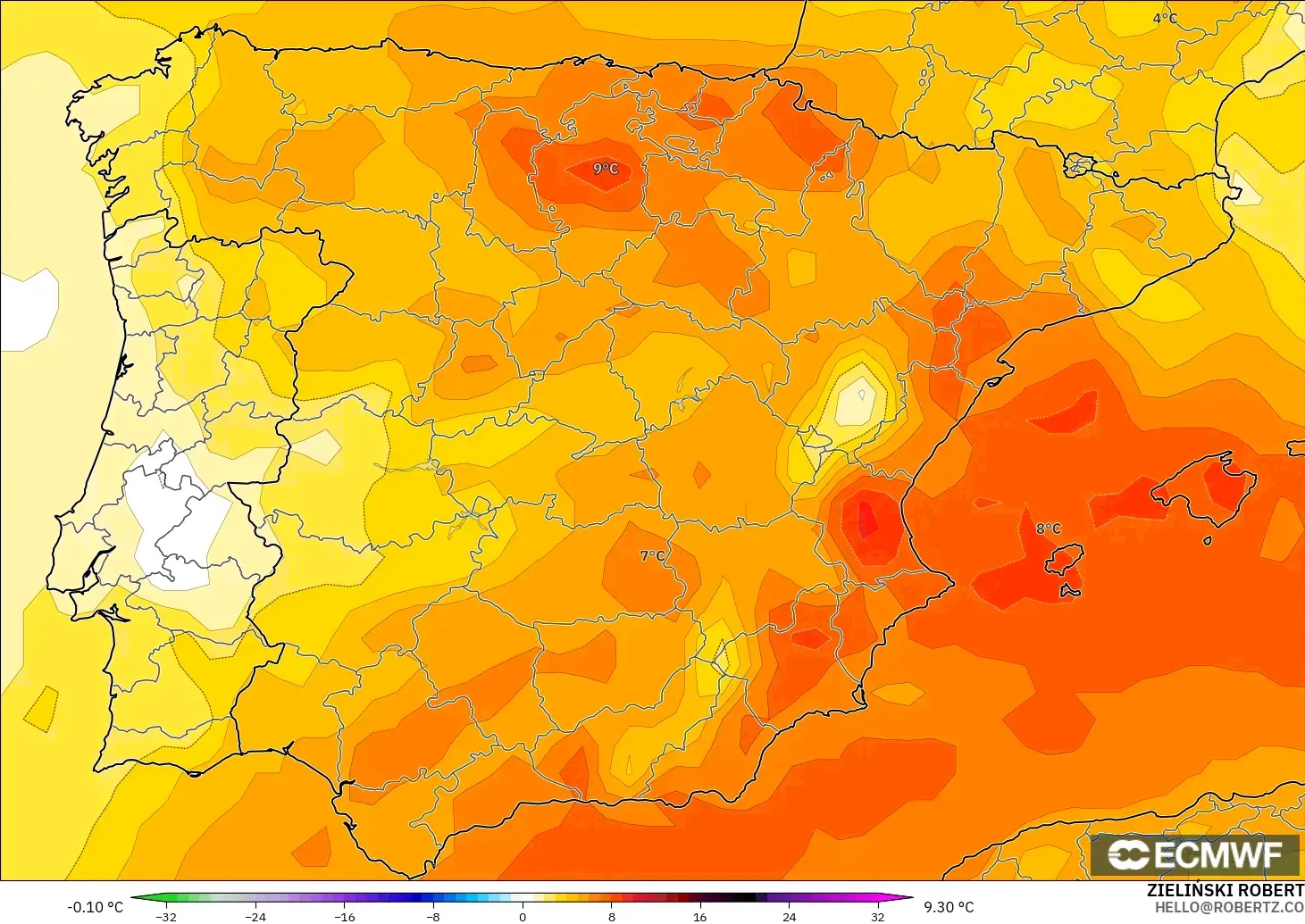 ECMWF IFS 0.25° modelo - España, Anomalía de temperatura a 850 hPa