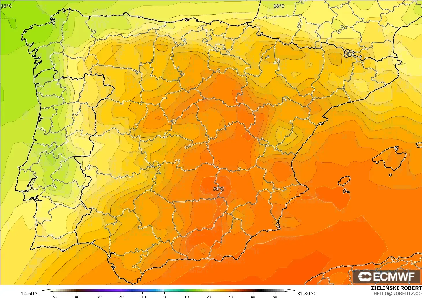 ECMWF IFS 0.25° modelo - España, Temperatura a 850 hPa