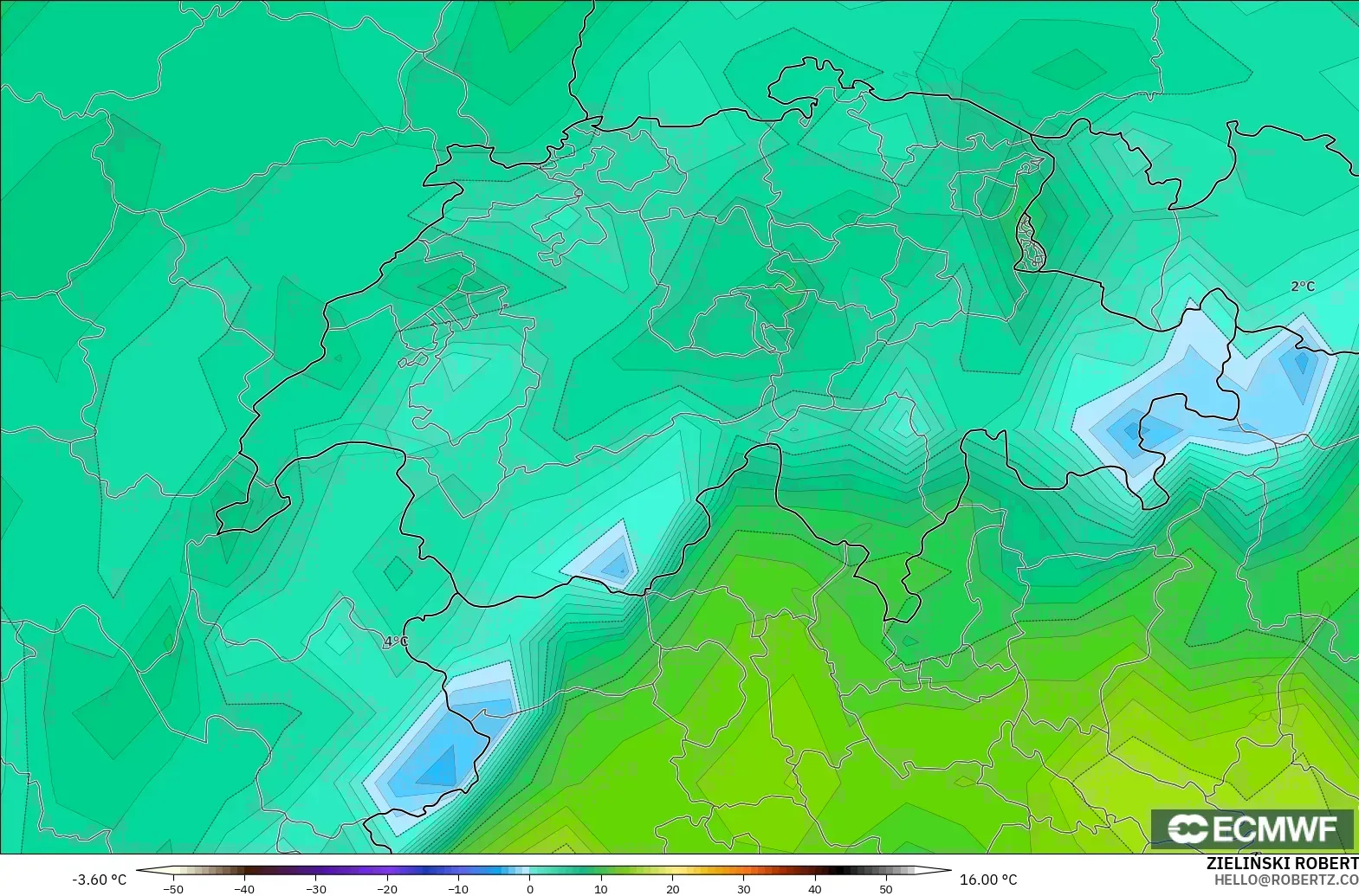 ECMWF IFS 0.25° modelo - Suiza, Punto de rocío a 2 m