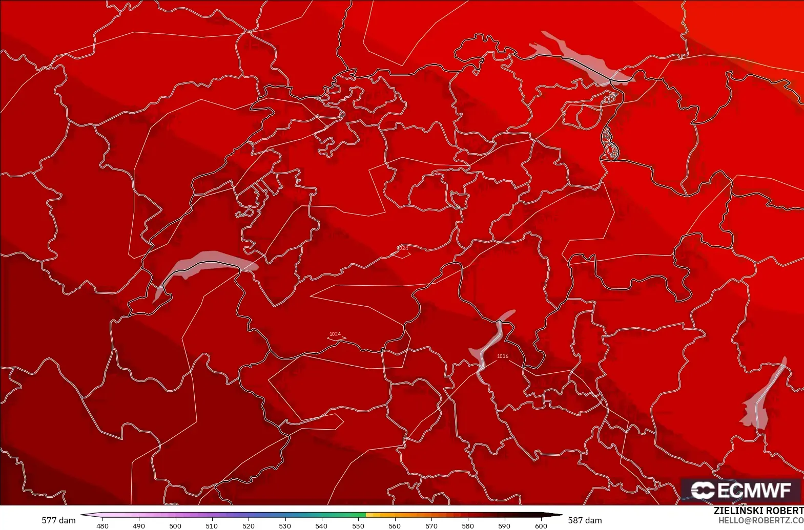 ECMWF IFS 0.25° modelo - Suiza, Altura geopotencial a 500 hPa