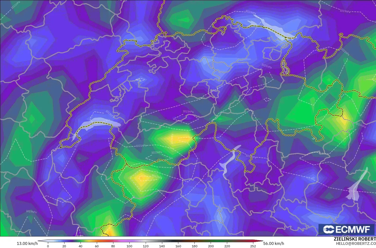ECMWF IFS 0.25° modelo - Suiza, Ráfagas de Viento Máximas