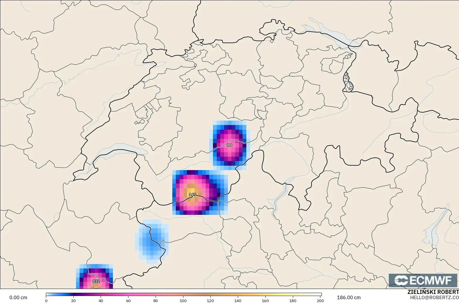 ECMWF IFS 0.25° modelo - Suiza, Profundidad de nieve