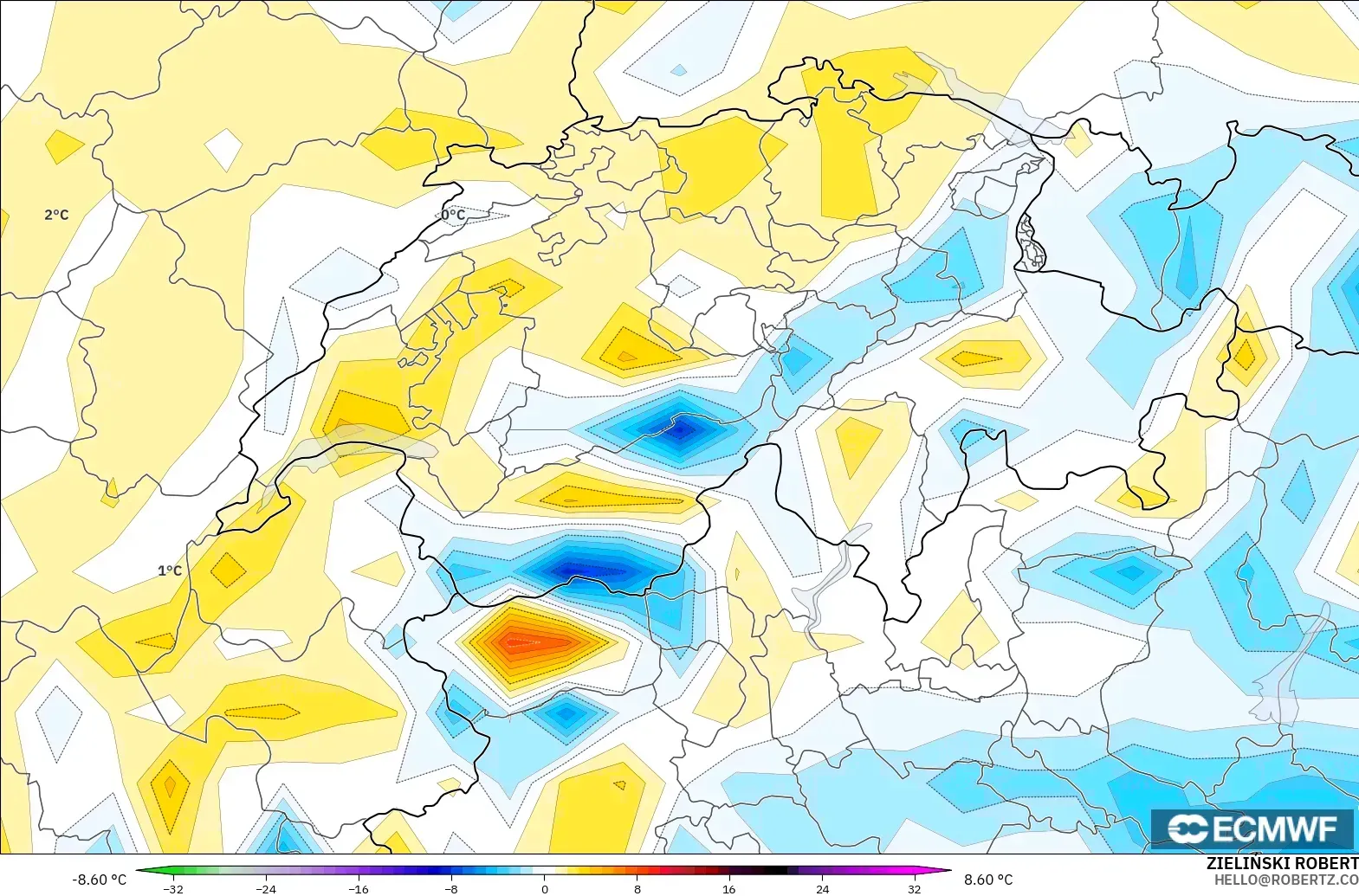 ECMWF IFS 0.25° modelo - Suiza, Anomalía de temperatura a 2 m