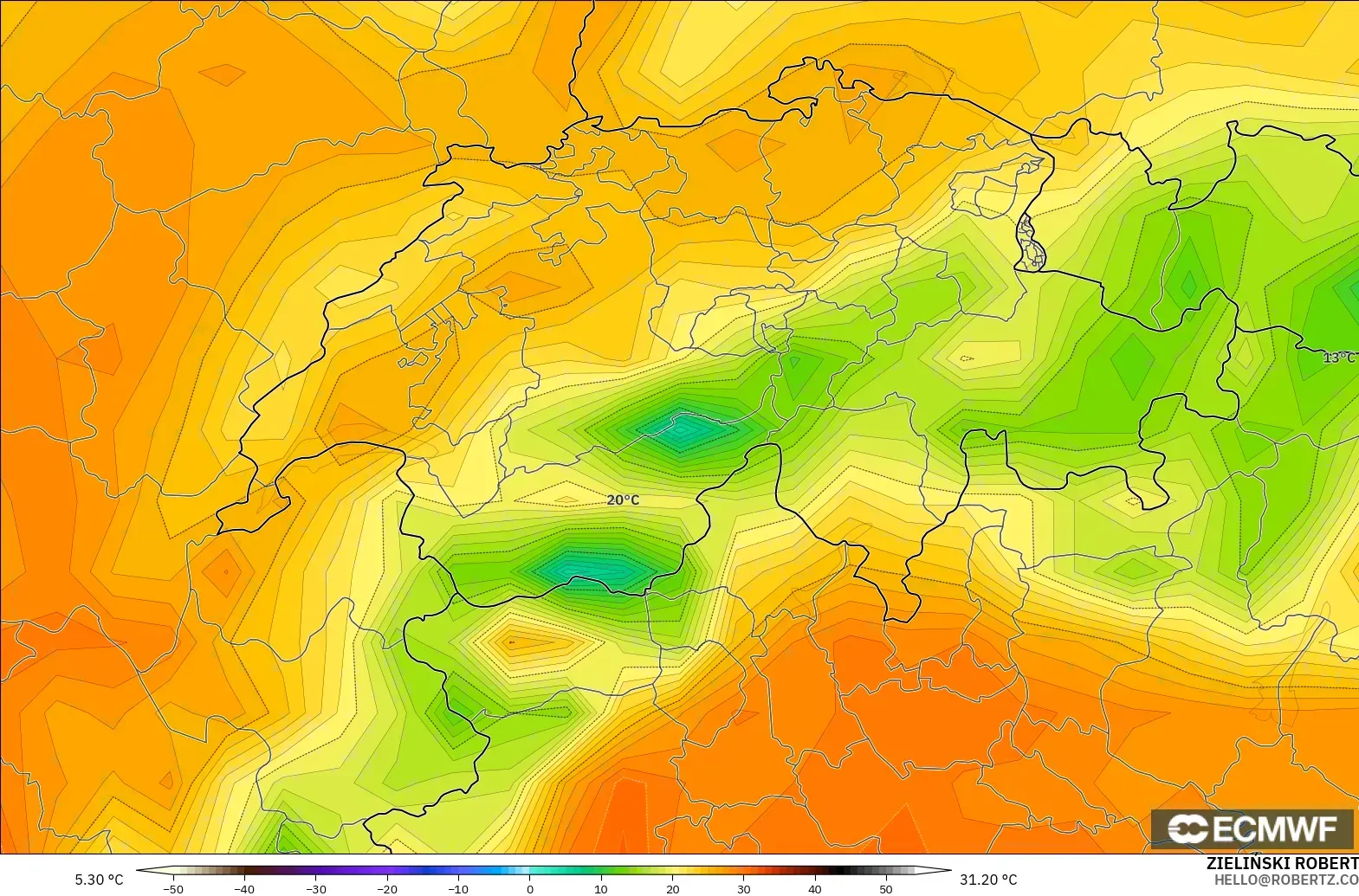 ECMWF IFS 0.25° modelo - Suiza, Temperatura a 2 m