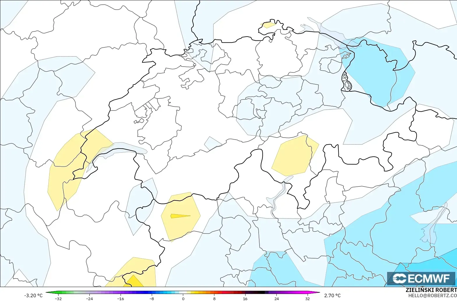 ECMWF IFS 0.25° modelo - Suiza, Anomalía de temperatura a 850 hPa
