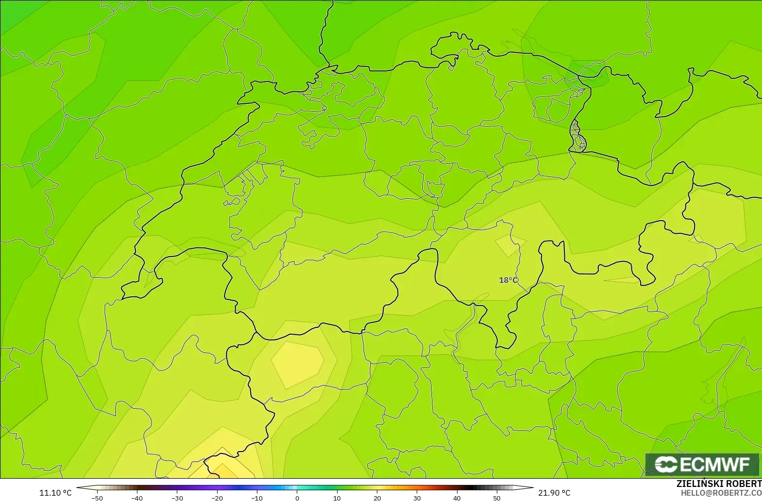 ECMWF IFS 0.25° modelo - Suiza, Temperatura a 850 hPa