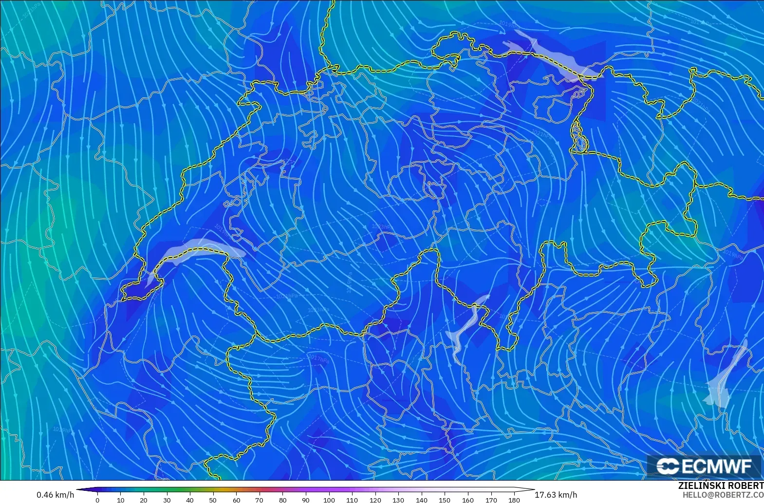 ECMWF IFS 0.25° modelo - Suiza, Viento a 10 m