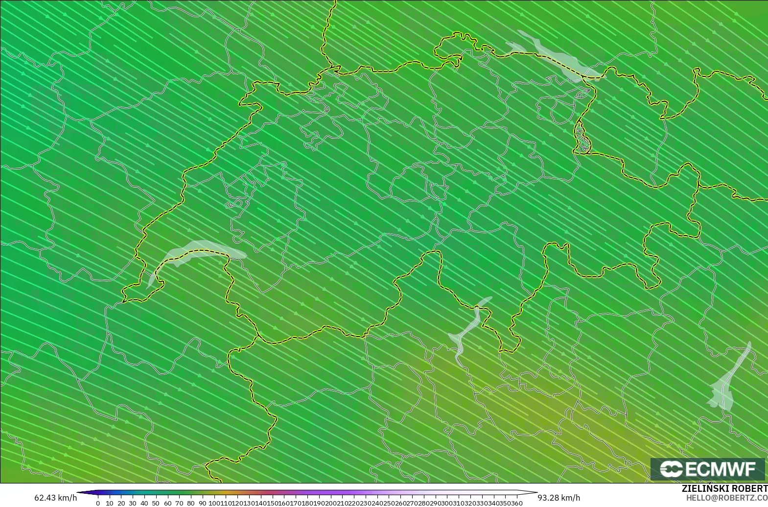 ECMWF IFS 0.25° modelo - Suiza, Viento a 300 hPa (corriente en chorro)