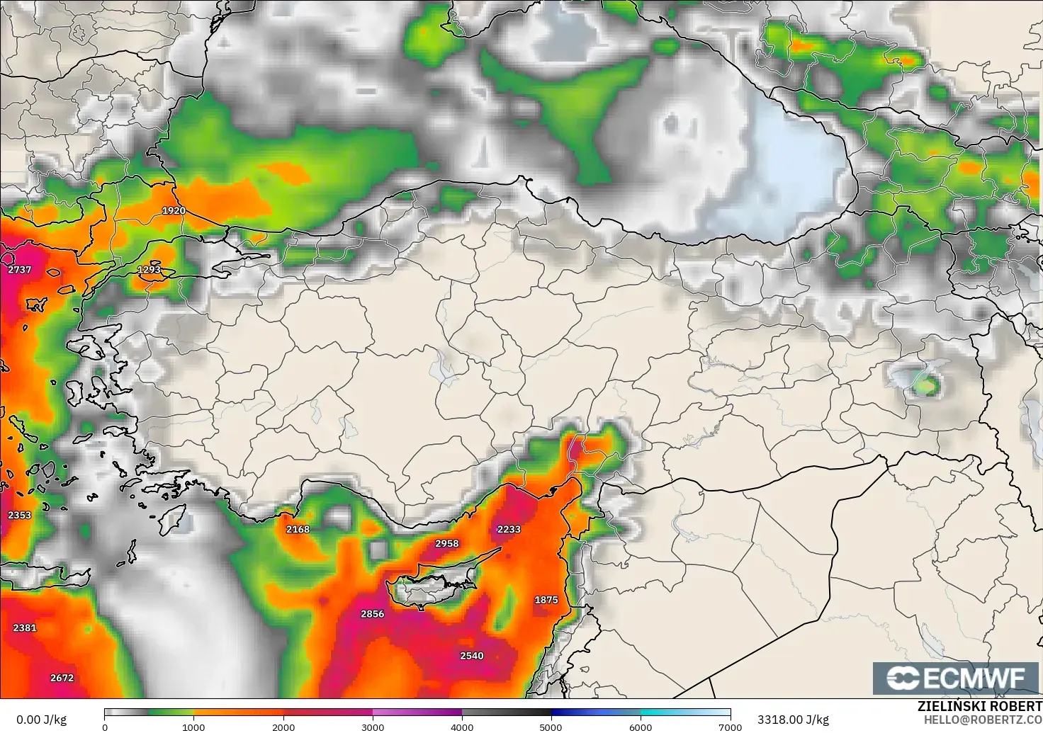 ECMWF IFS 0.25° modelo - Turquía, CAPE