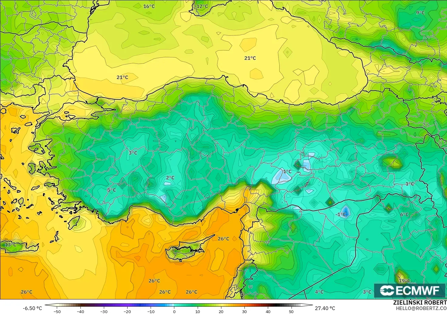 ECMWF IFS 0.25° modelo - Turquía, Punto de rocío a 2 m