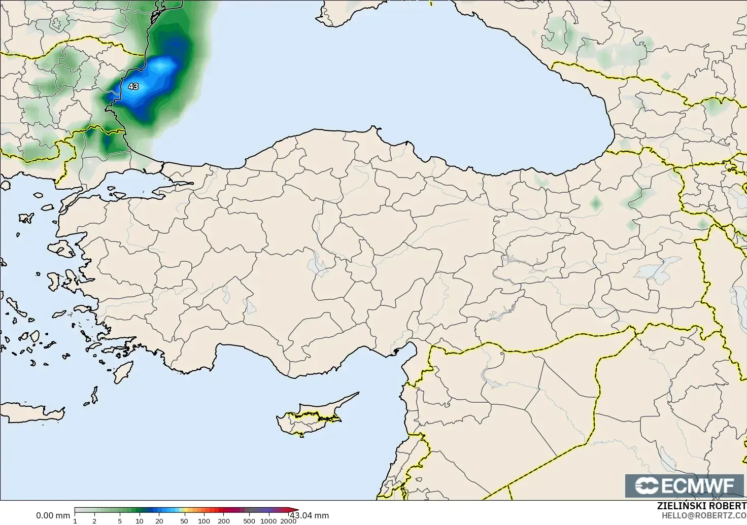 ECMWF IFS 0.25° modelo - Turquía, Acumulación de precipitación