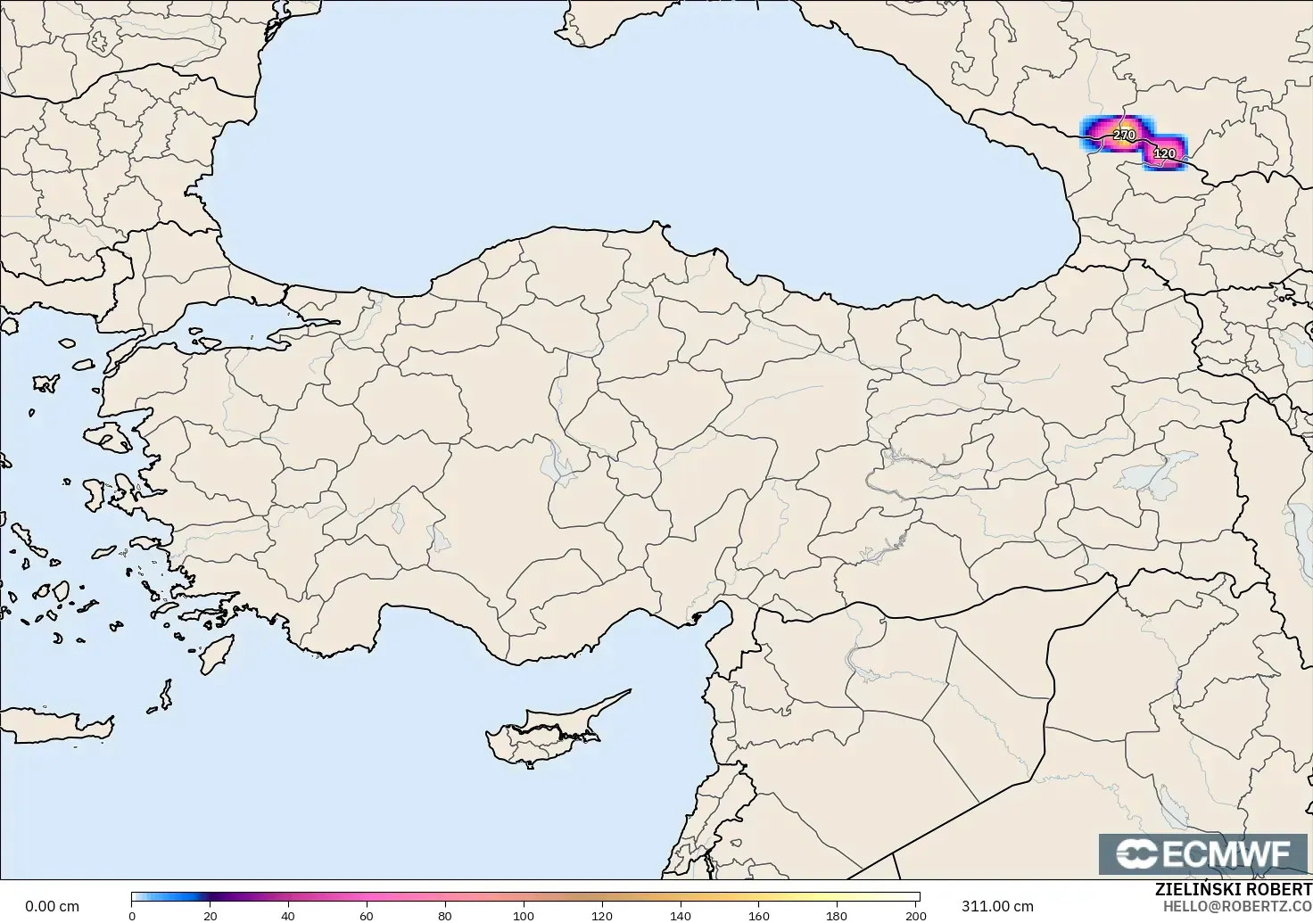 ECMWF IFS 0.25° modelo - Turquía, Profundidad de nieve