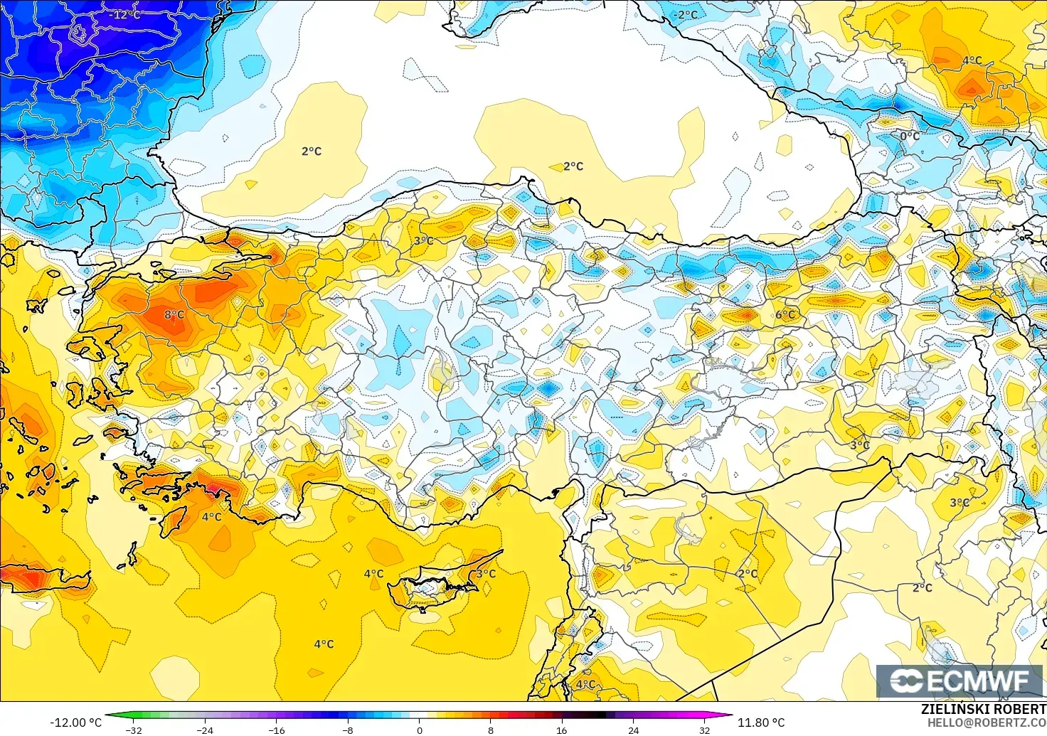 ECMWF IFS 0.25° modelo - Turquía, Anomalía de temperatura a 2 m