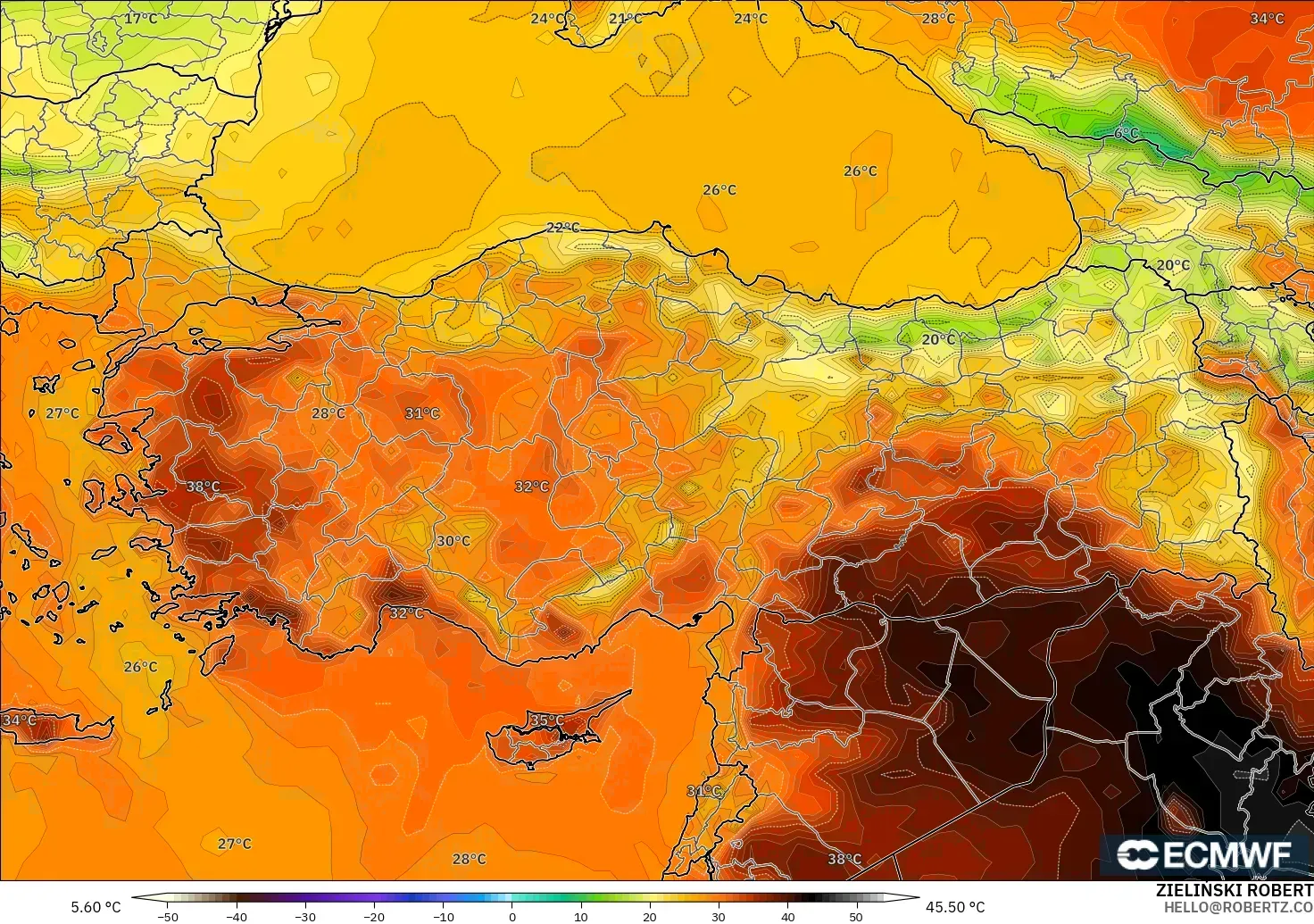 ECMWF IFS 0.25° modelo - Turquía, Temperatura a 2 m