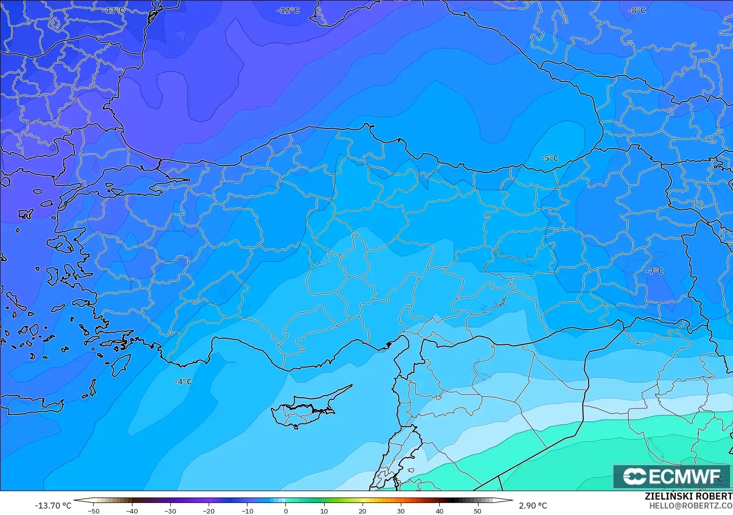 ECMWF IFS 0.25° modelo - Turquía, Temperatura a 500 hPa
