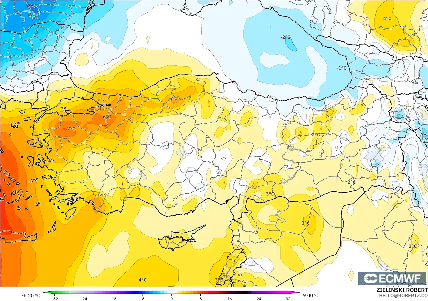 ECMWF IFS 0.25° modelo - Turquía, Anomalía de temperatura a 850 hPa