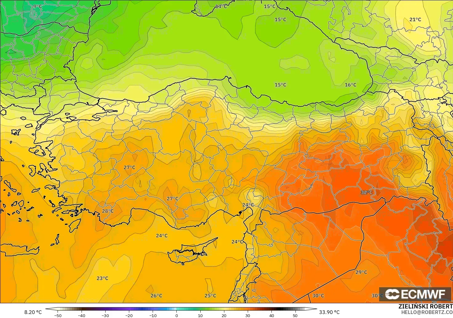 ECMWF IFS 0.25° modelo - Turquía, Temperatura a 850 hPa