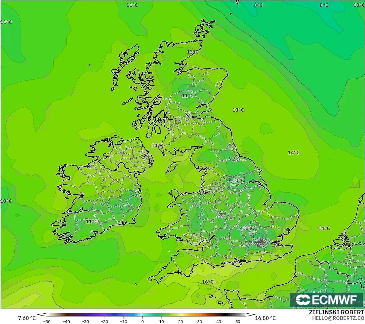 ECMWF IFS 0.25° modelo - Reino Unido, Punto de rocío a 2 m