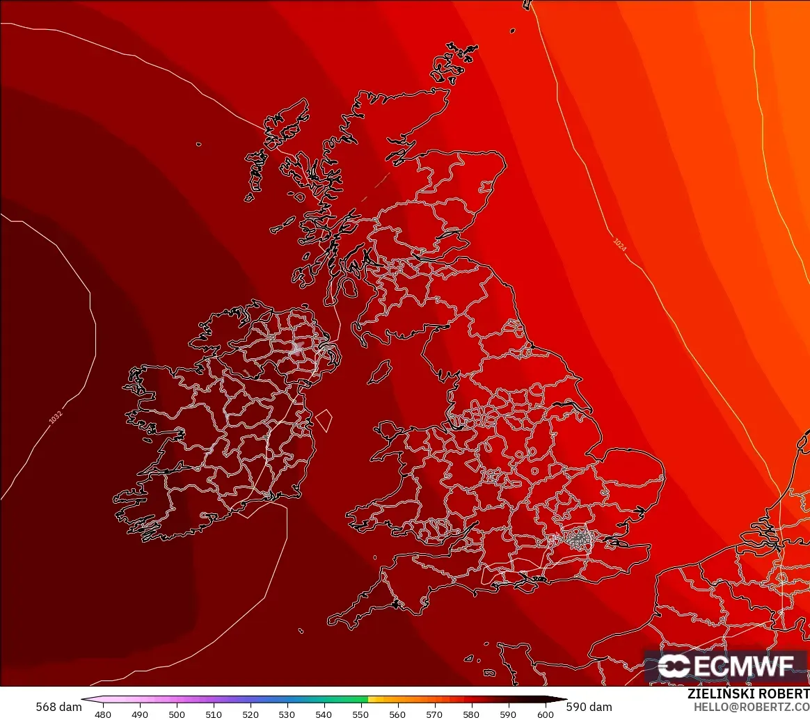 ECMWF IFS 0.25° modelo - Reino Unido, Altura geopotencial a 500 hPa