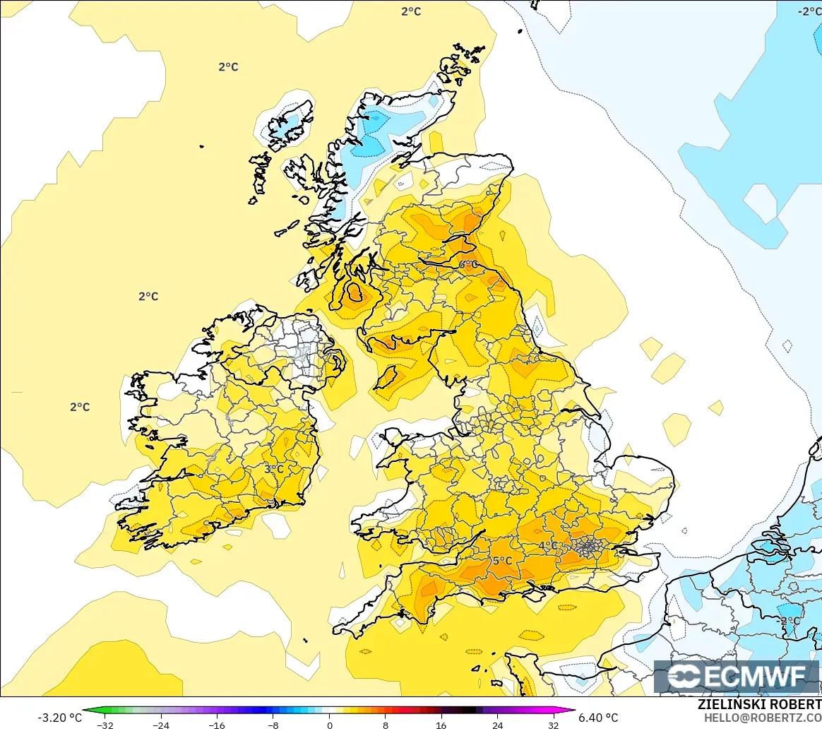 ECMWF IFS 0.25° modelo - Reino Unido, Anomalía de temperatura a 2 m
