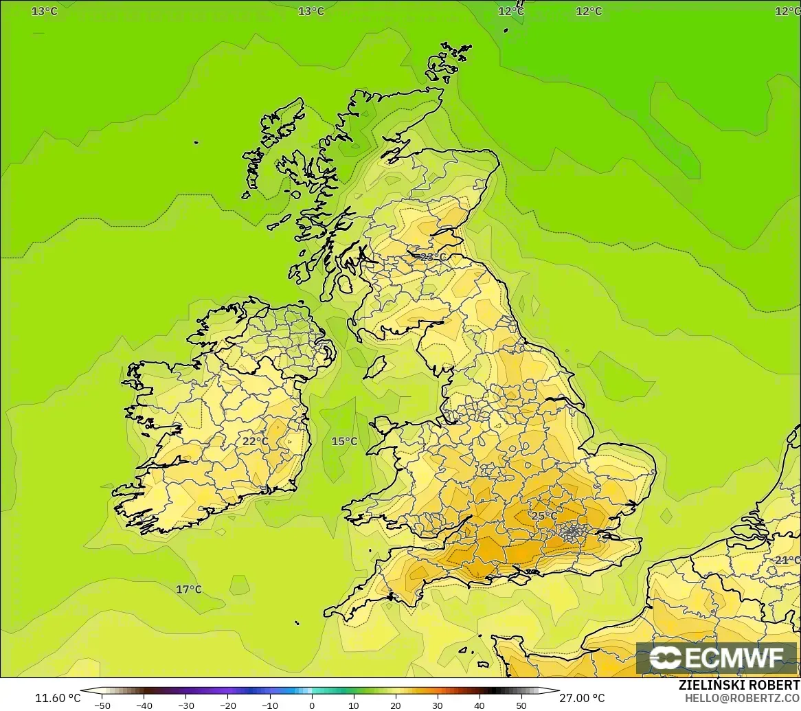 ECMWF IFS 0.25° modelo - Reino Unido, Temperatura a 2 m
