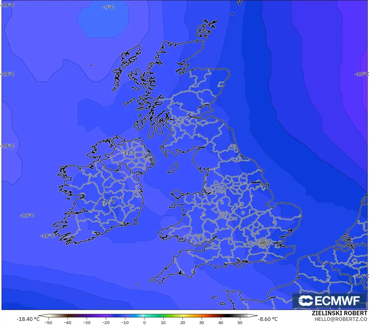 ECMWF IFS 0.25° modelo - Reino Unido, Temperatura a 500 hPa