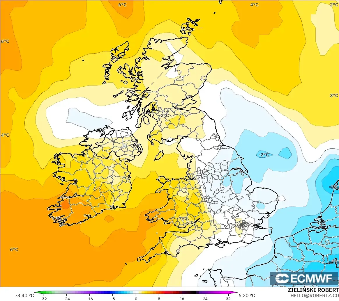 ECMWF IFS 0.25° modelo - Reino Unido, Anomalía de temperatura a 850 hPa