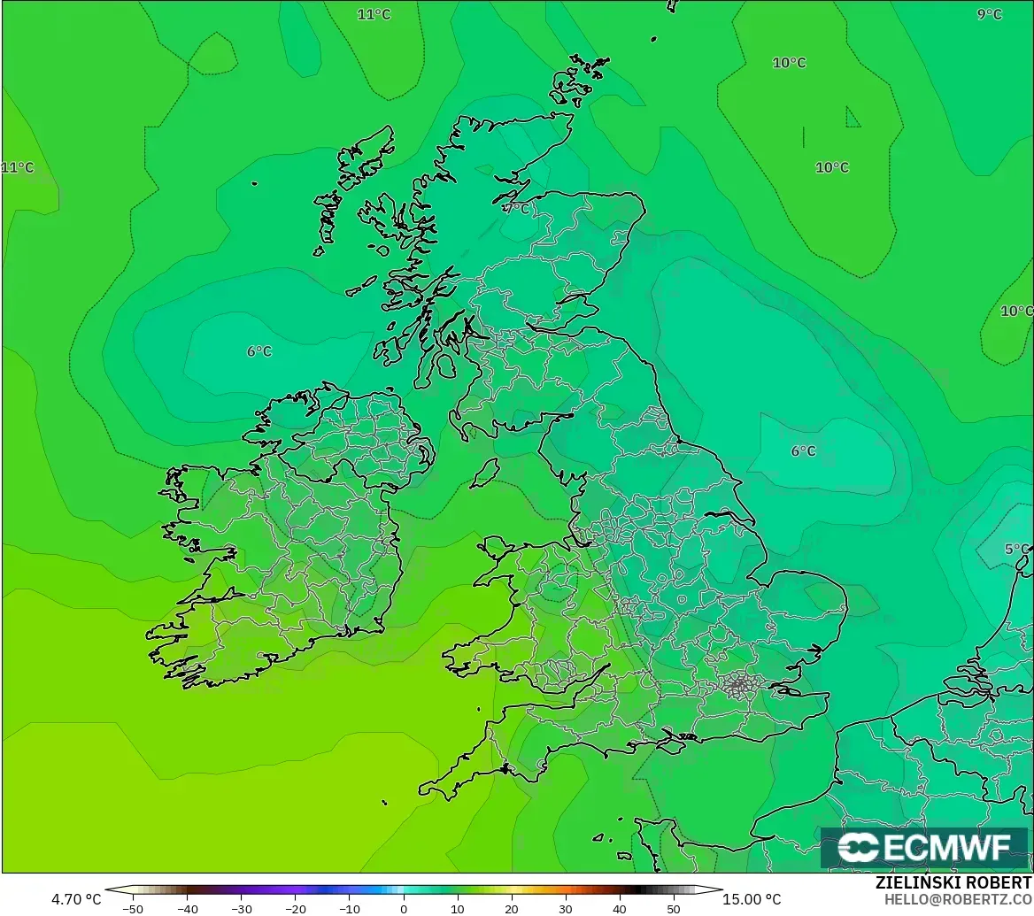 ECMWF IFS 0.25° modelo - Reino Unido, Temperatura a 850 hPa