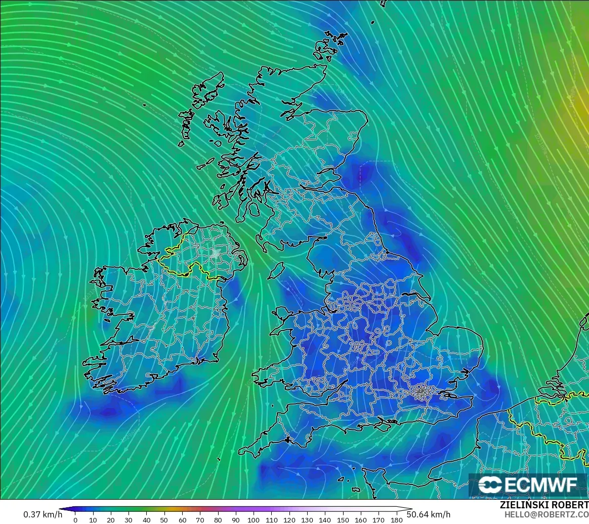 ECMWF IFS 0.25° modelo - Reino Unido, Viento a 10 m