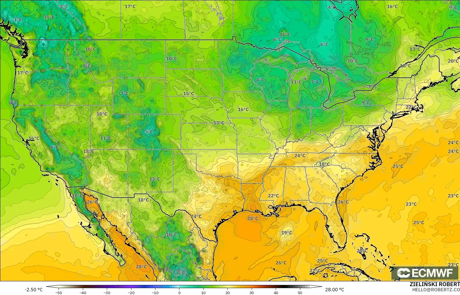ECMWF IFS 0.25° modelo - Estados Unidos, Punto de rocío a 2 m