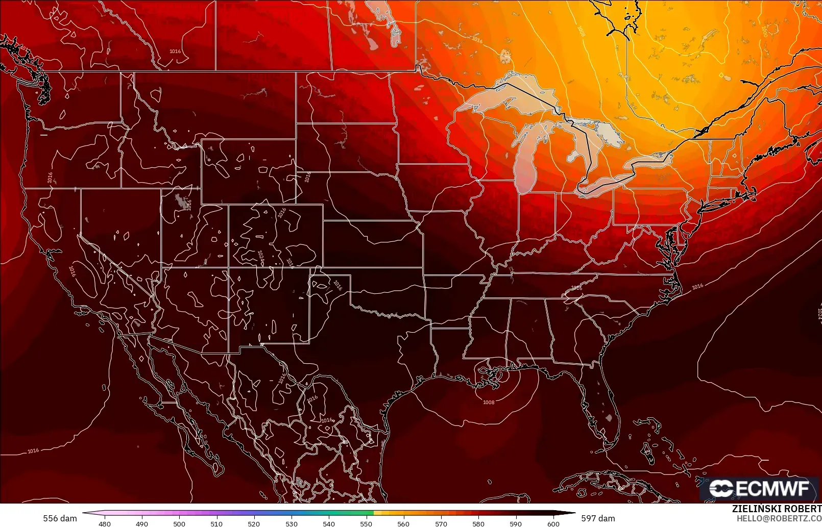 ECMWF IFS 0.25° modelo - Estados Unidos, Altura geopotencial a 500 hPa
