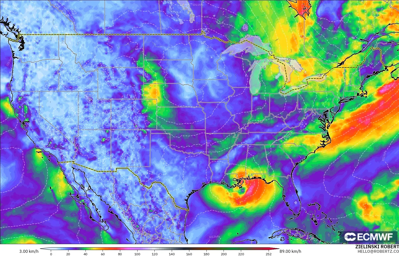 ECMWF IFS 0.25° modelo - Estados Unidos, Ráfagas de viento