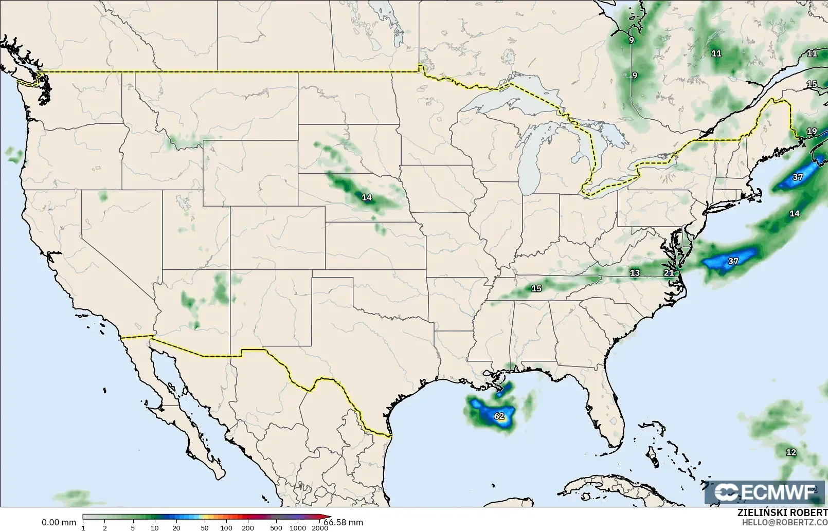 ECMWF IFS 0.25° modelo - Estados Unidos, Acumulación de precipitación