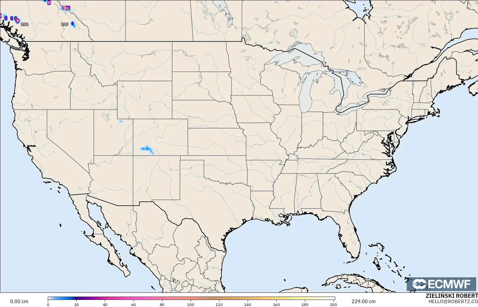 ECMWF IFS 0.25° modelo - Estados Unidos, Profundidad de nieve