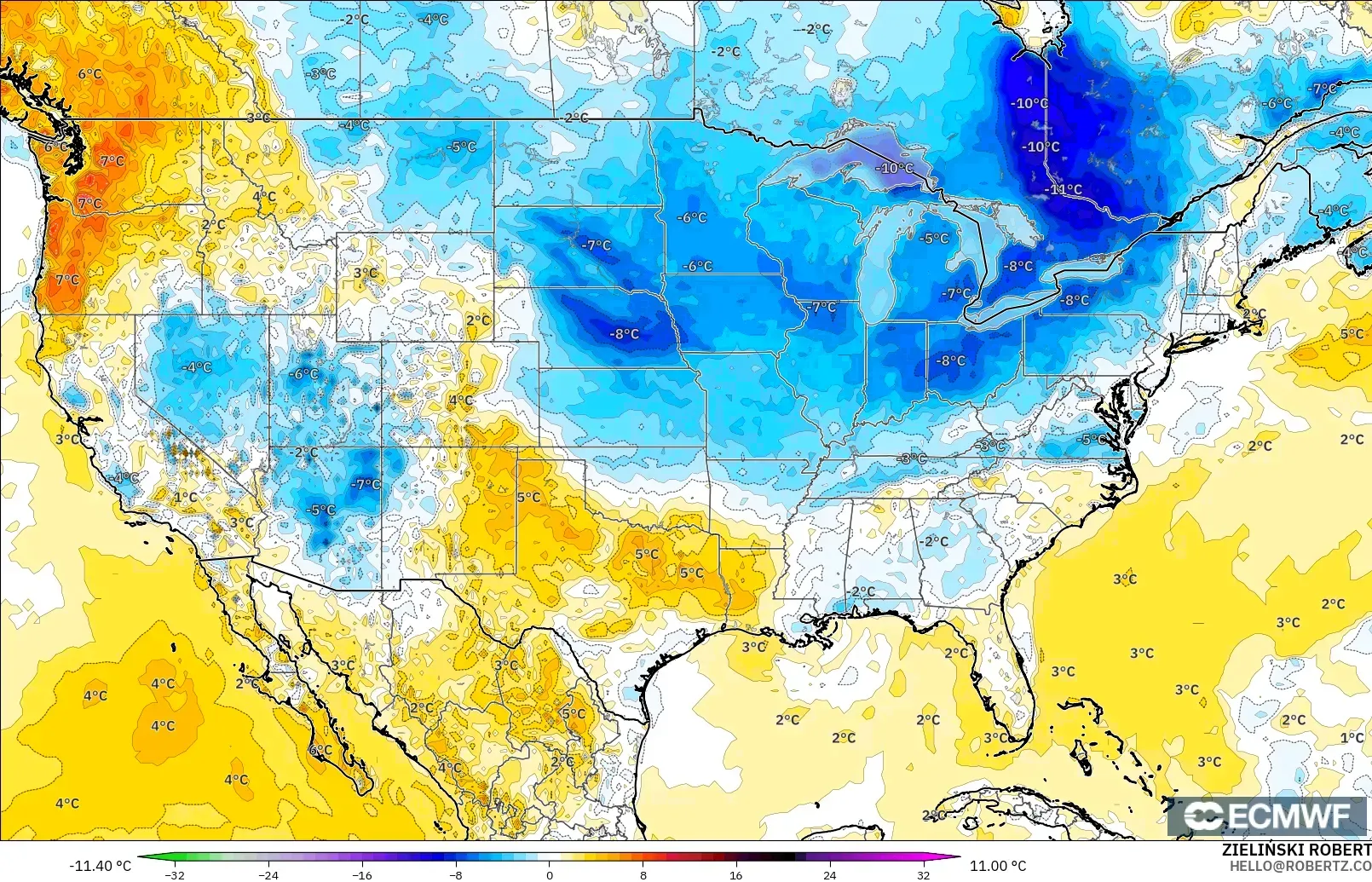 ECMWF IFS 0.25° modelo - Estados Unidos, Anomalía de temperatura a 2 m