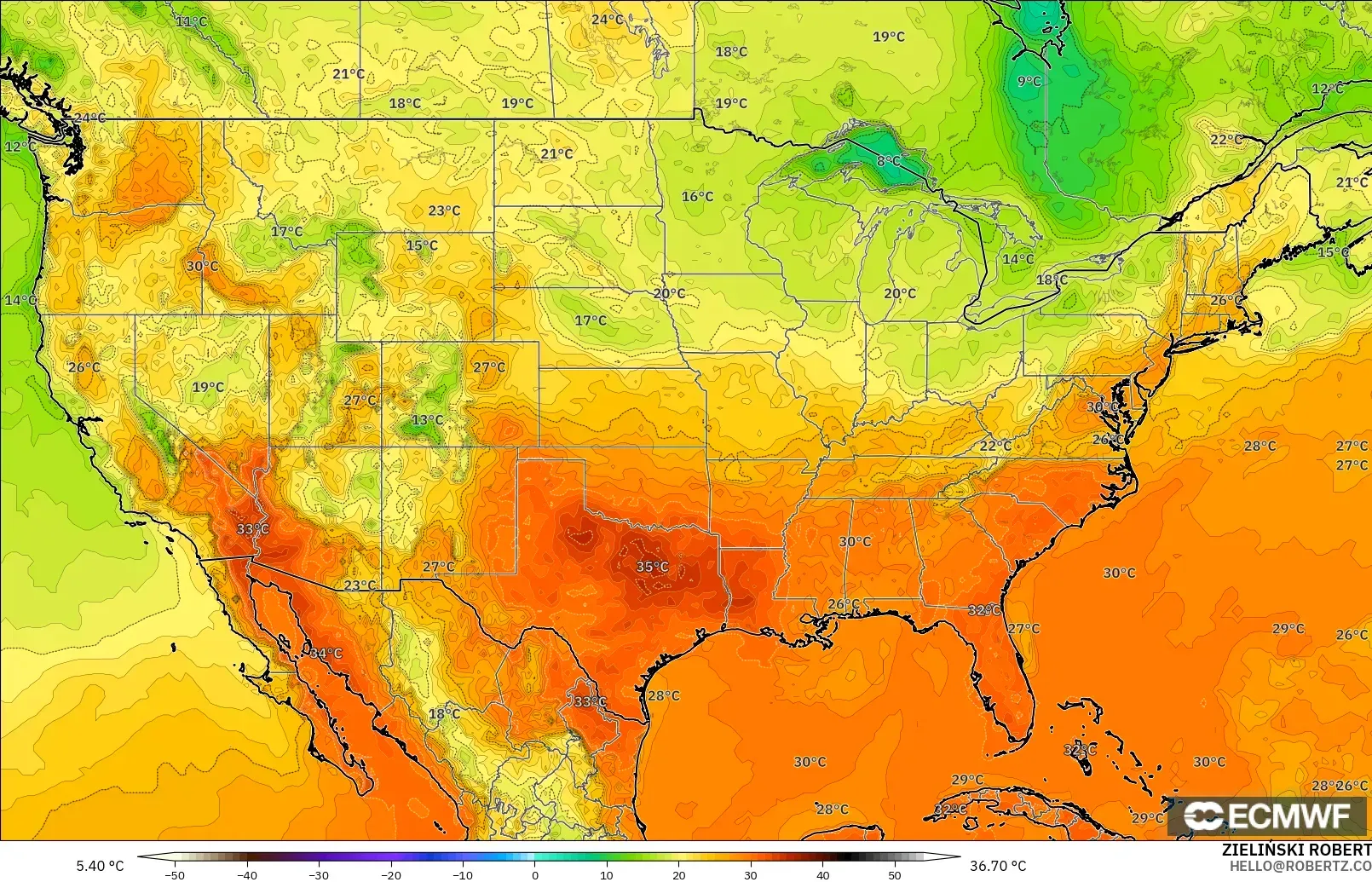 ECMWF IFS 0.25° modelo - Estados Unidos, Temperatura a 2 m