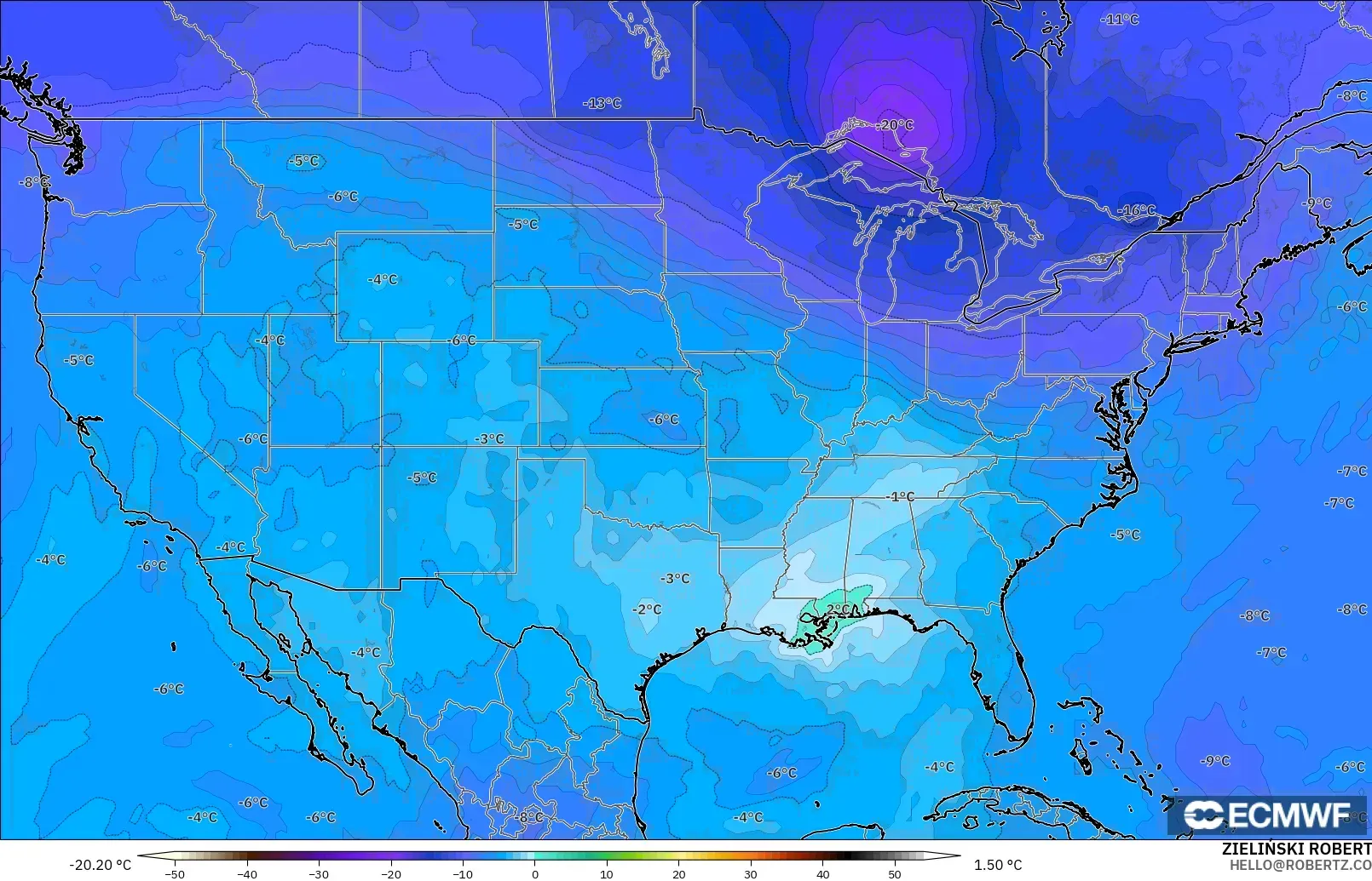 ECMWF IFS 0.25° modelo - Estados Unidos, Temperatura a 500 hPa