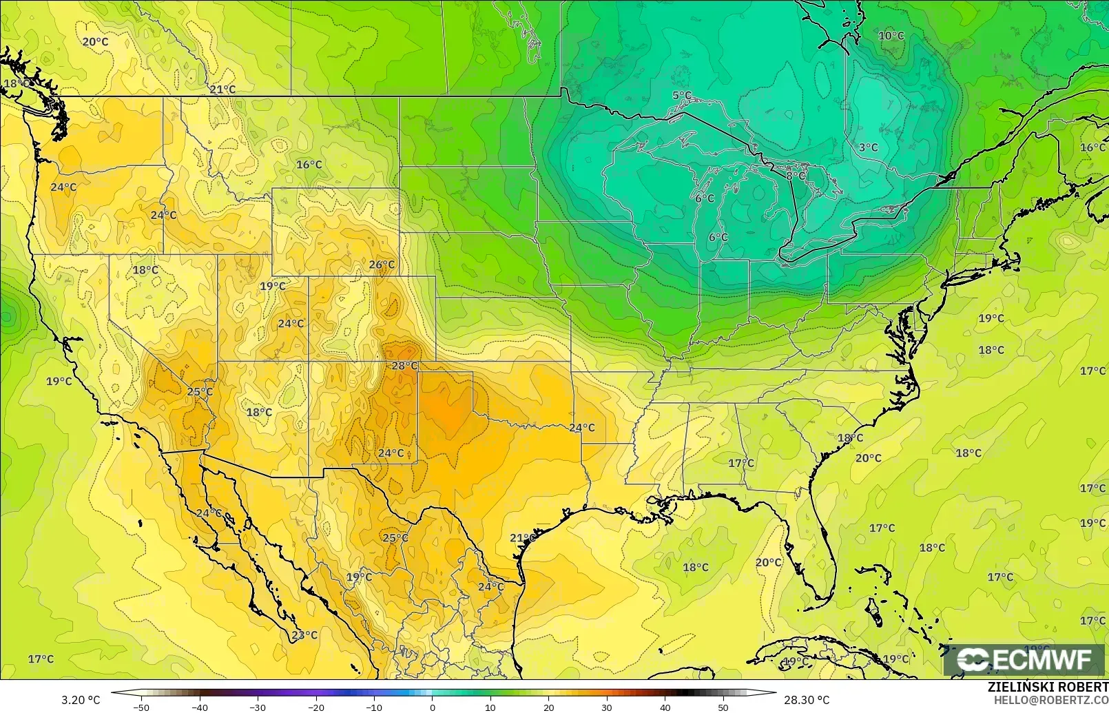 ECMWF IFS 0.25° modelo - Estados Unidos, Temperatura a 850 hPa