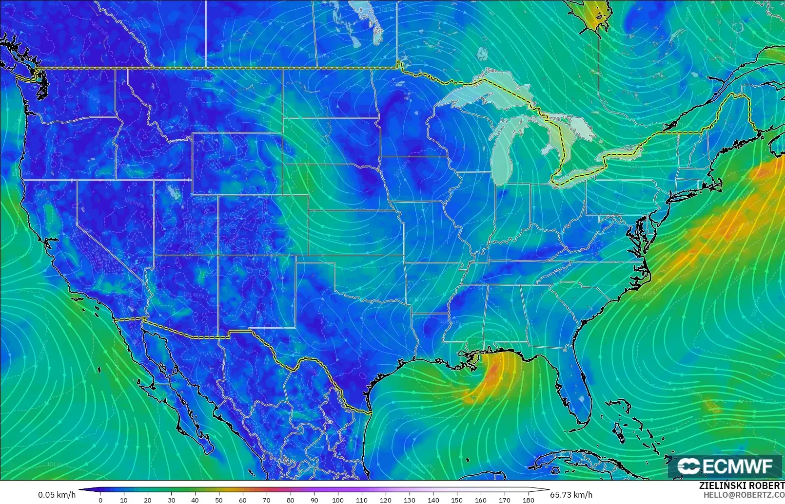 ECMWF IFS 0.25° modelo - Estados Unidos, Viento a 10 m