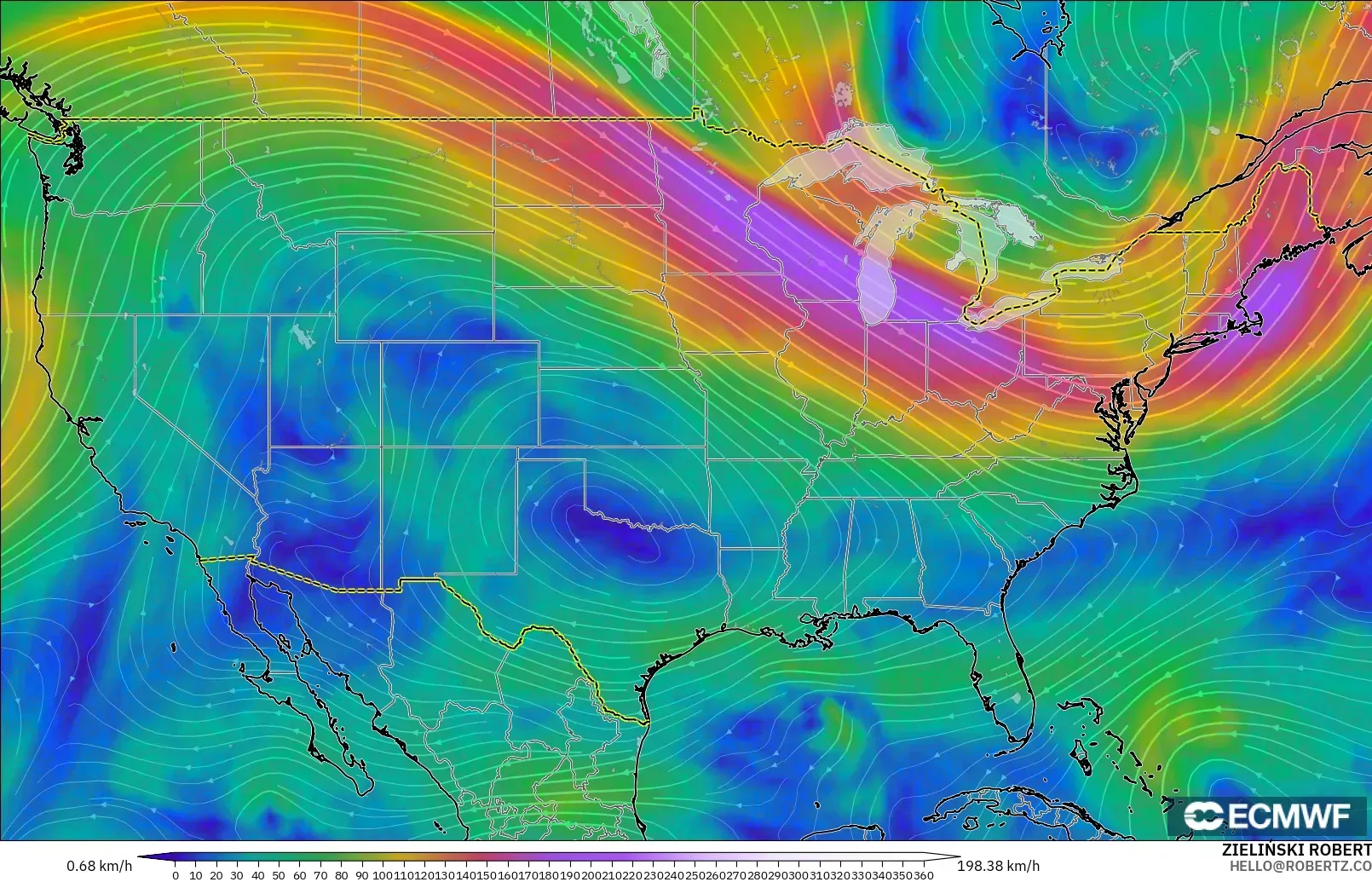 ECMWF IFS 0.25° modelo - Estados Unidos, Viento a 300 hPa (corriente en chorro)