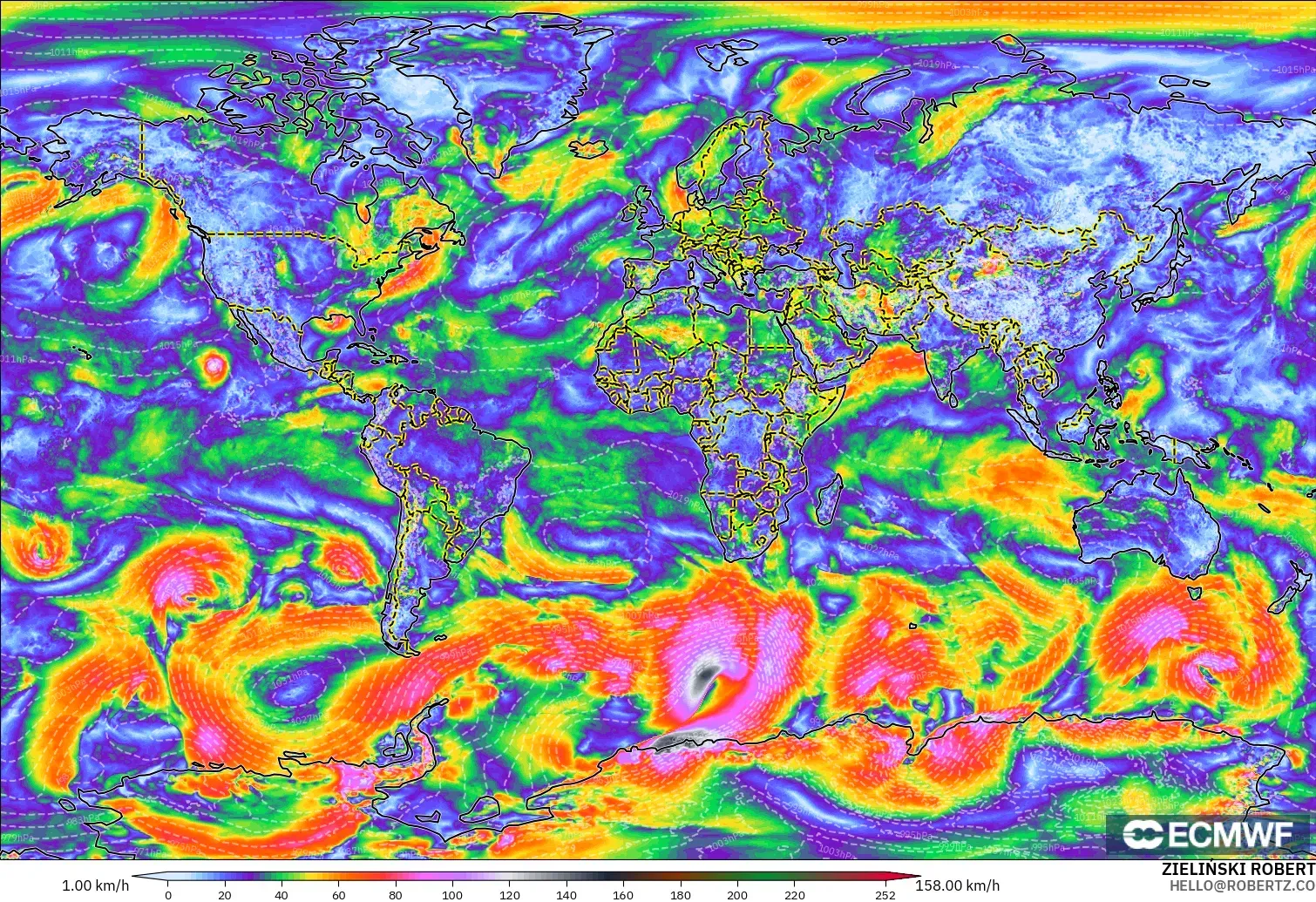 ECMWF IFS 0.25° modelo - Mundo, Ráfagas de viento