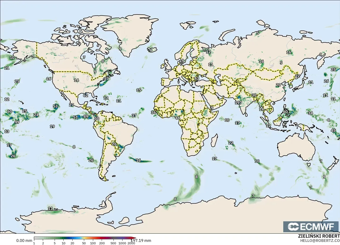 ECMWF IFS 0.25° modelo - Mundo, Acumulación de precipitación