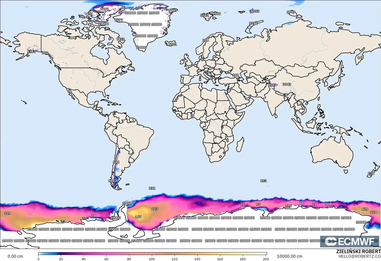 ECMWF IFS 0.25° modelo - Mundo, Profundidad de nieve
