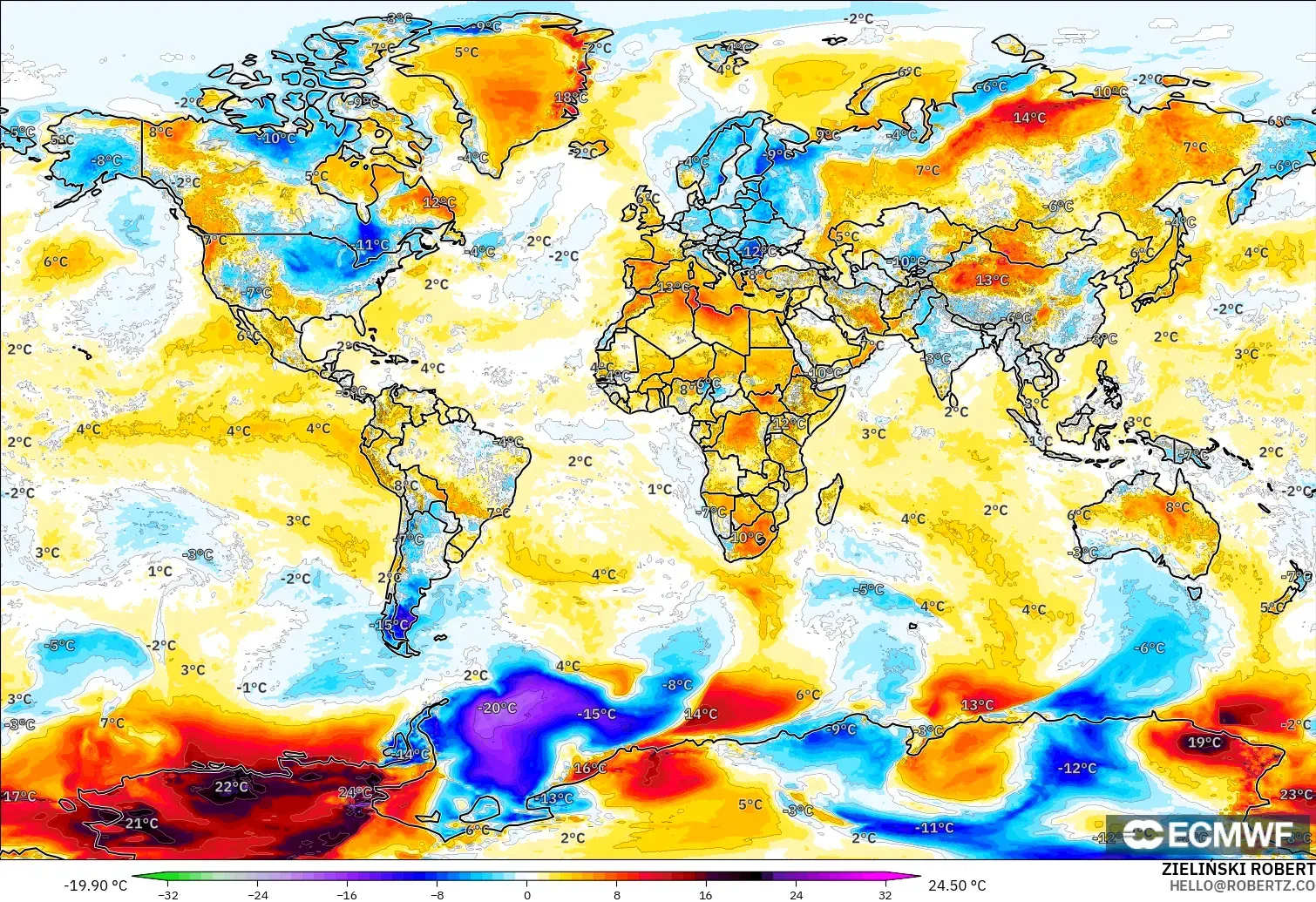 ECMWF IFS 0.25° modelo - Mundo, Anomalía de temperatura a 2 m