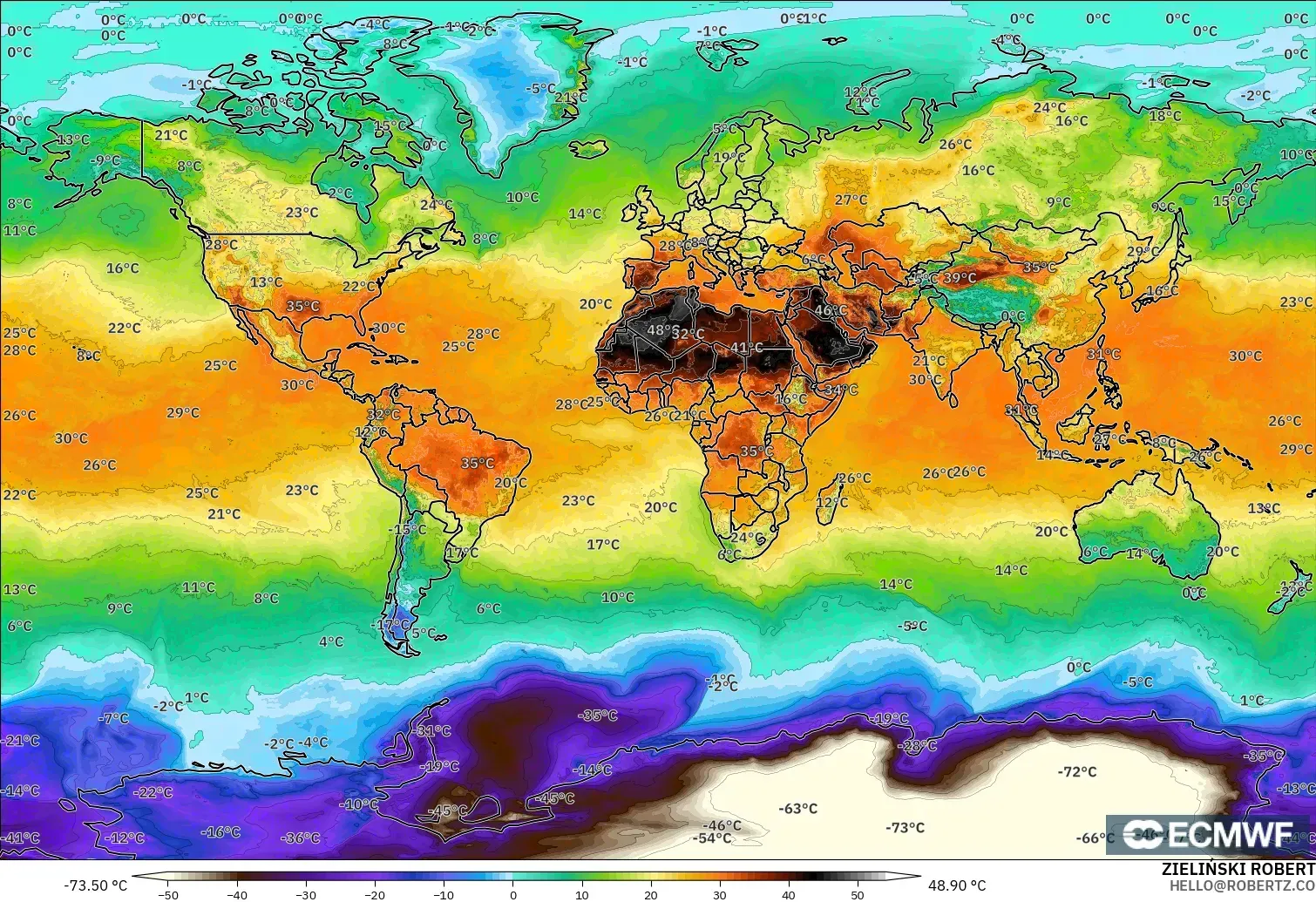 ECMWF IFS 0.25° modelo - Mundo, Temperatura a 2 m